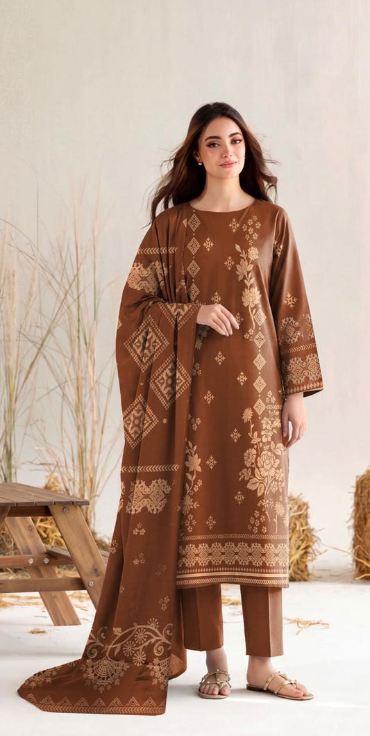 Chocolate brown floral printed women's winter 3-piece suit by Noreya Loom, featuring a suit set with floral designs and warm fabric.