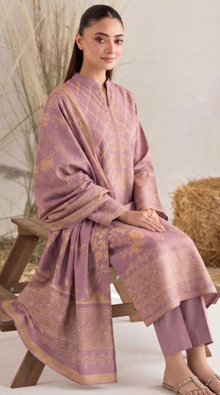 Luxe lavender printed 3-piece suit by Noreya Loom featuring tailored jacket, matching trousers, and a stylish shirt.