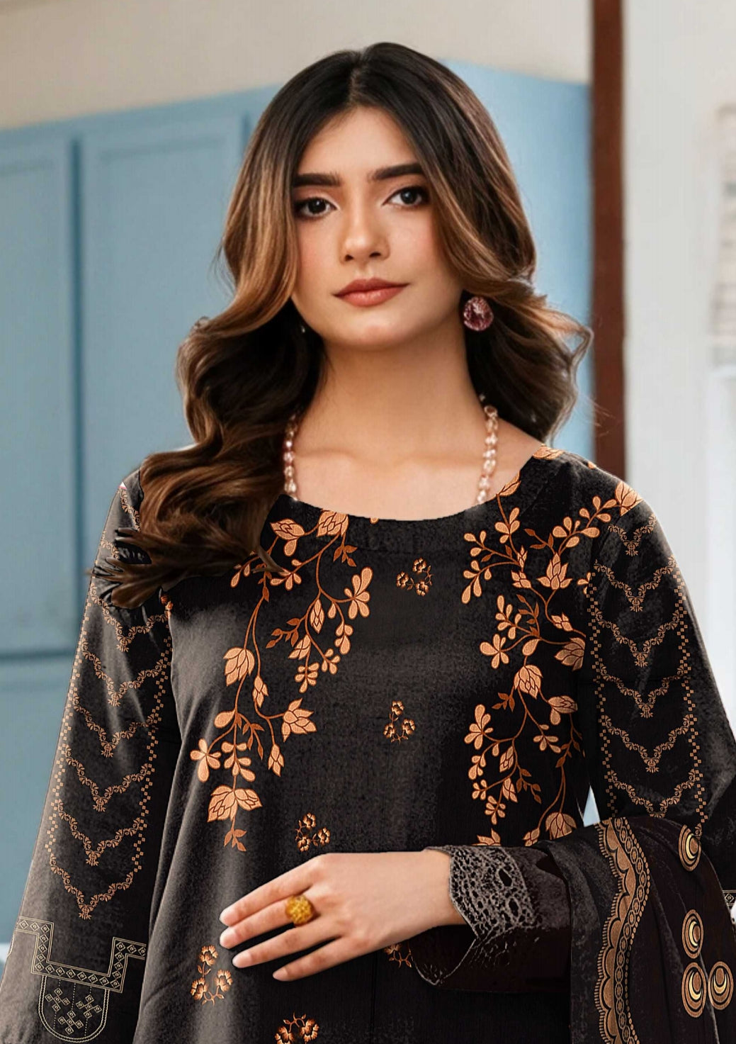 Black and rust floral printed winter 3-piece suit from Noreya Loom, featuring a coordinated jacket, kurta, and pants.