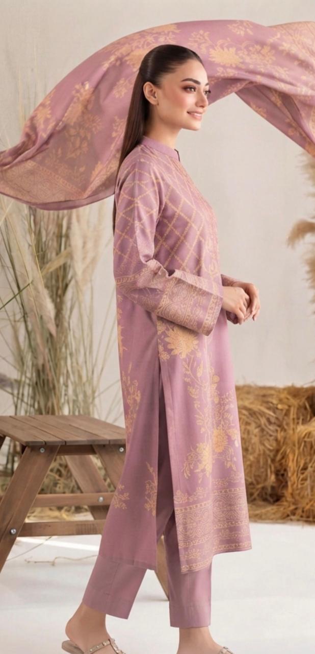 Luxe lavender printed 3-piece suit by Noreya Loom, featuring a tailored blazer, matching trousers, and a stylish top.