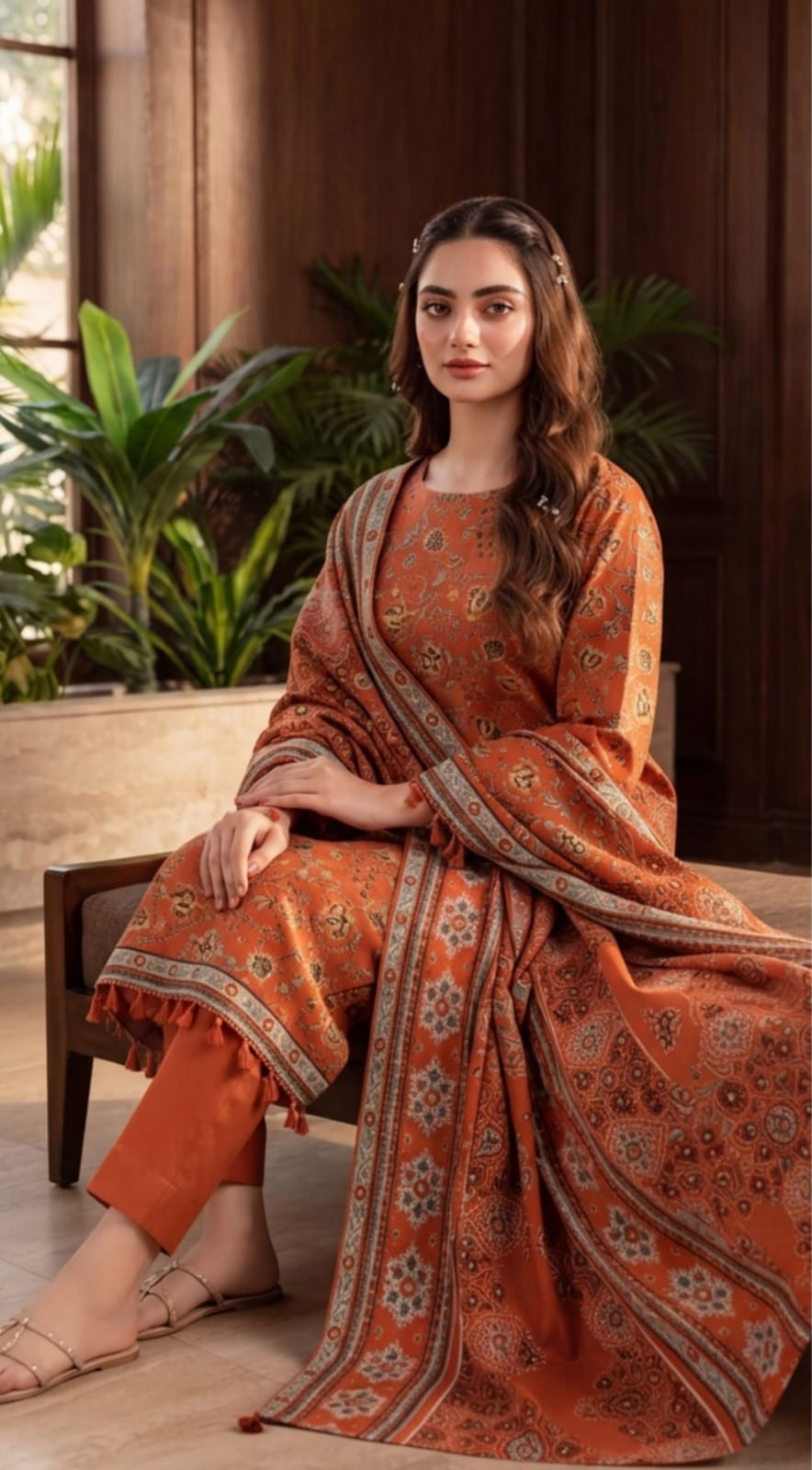 Rust orange winter 3-piece printed suit by Noreya Loom, featuring a stylish, coordinated ensemble with intricate patterns and warm fabric.