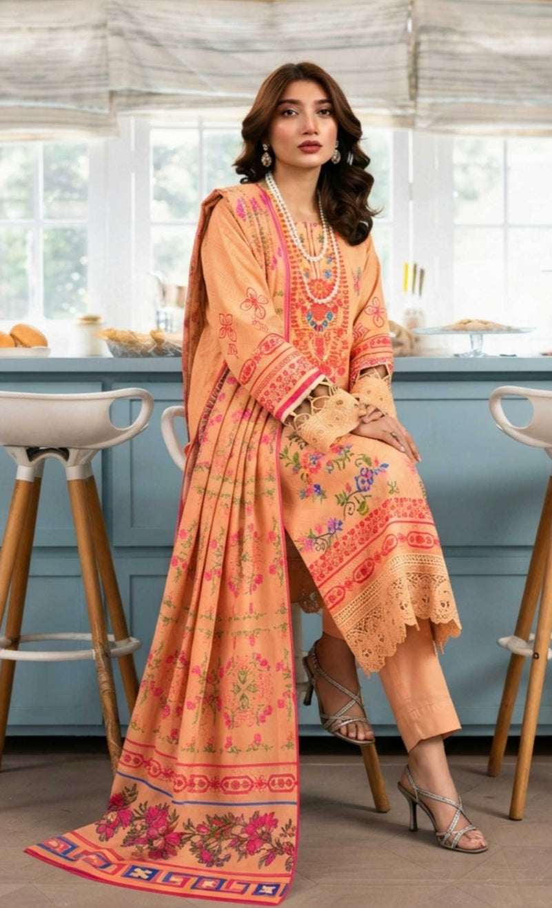 Peach floral printed 3-piece suit with designer dupatta from Noreya Loom, featuring intricate embroidery and elegant fabric.