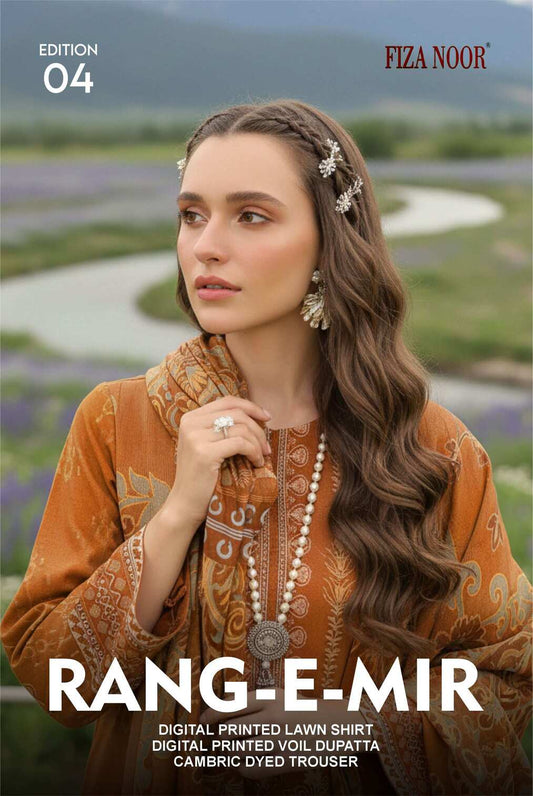 Rustic amber printed 3-piece lawn suit in burnt orange with traditional design, featuring a top, pants, and dupatta.