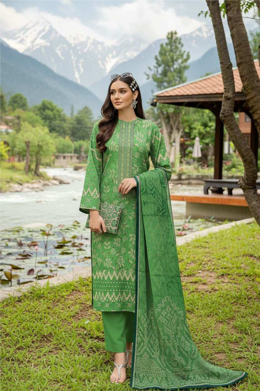 Elegant green printed lawn suit by My Store, 3-piece embroidered Pakistani collection with intricate design details.