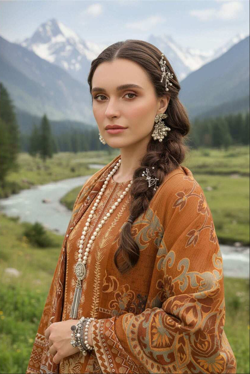 Rustic amber printed 3-piece lawn suit in burnt orange with traditional design, featuring a kurta, dupatta, and pants.