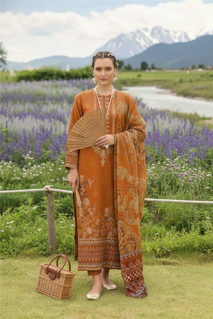 Rustic amber printed 3-piece lawn suit in burnt orange from My Store, featuring traditional design and lightweight fabric.