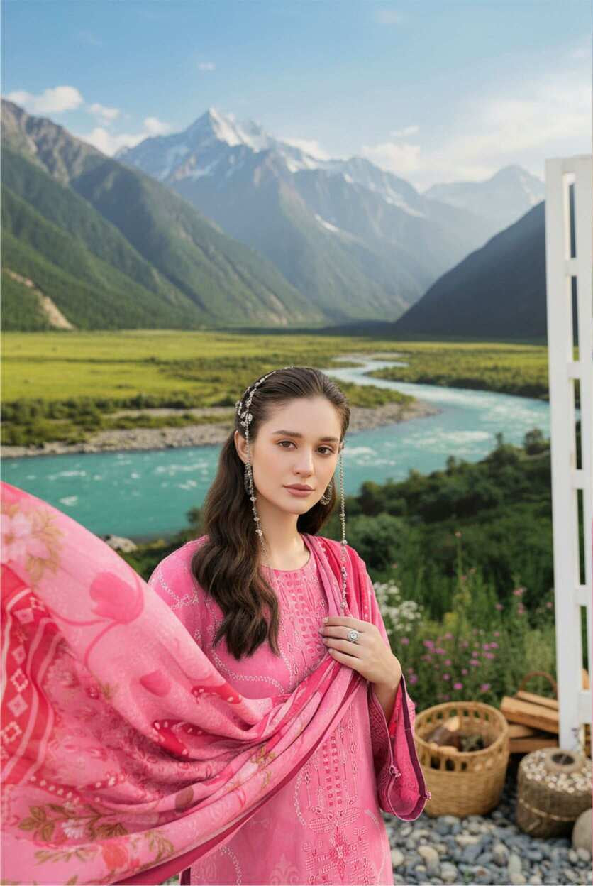 Rose pink printed 3-piece Pakistani lawn suit with intricate designs, featuring a top, trousers, and dupatta.