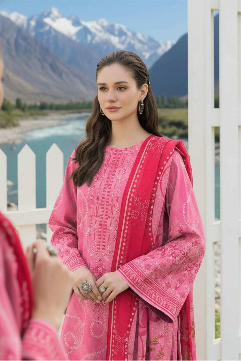 Rose pink printed 3-piece suit from Pakistani lawn collection featuring intricate floral designs and elegant fabric details.