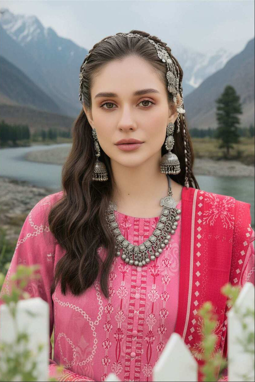 Rose pink printed 3-piece Pakistani lawn suit with elegant design, showcasing the suit's fabric, print details, and coordinated pieces.