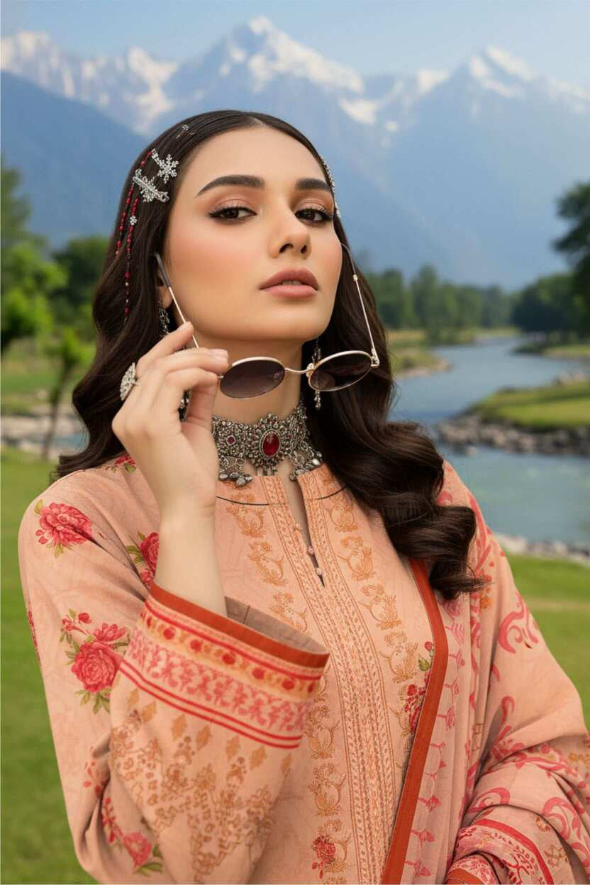 Peach floral printed 3-piece Pakistani lawn suit with elegant design, featuring a long kurta, matching trousers, and dupatta.
