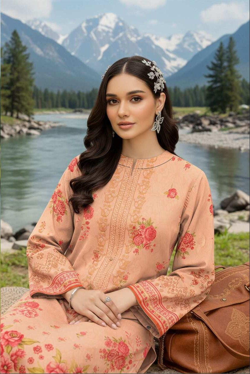 Peach floral printed 3-piece Pakistani lawn suit featuring traditional embroidery and elegant design, perfect for summer wear.