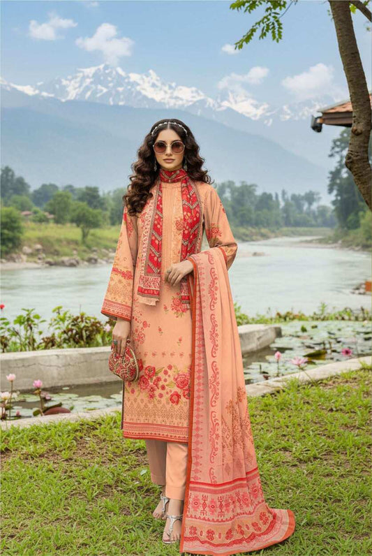 Peach floral printed 3-piece Pakistani lawn suit with intricate embroidery, featuring matching dupatta and trousers, by My Store.