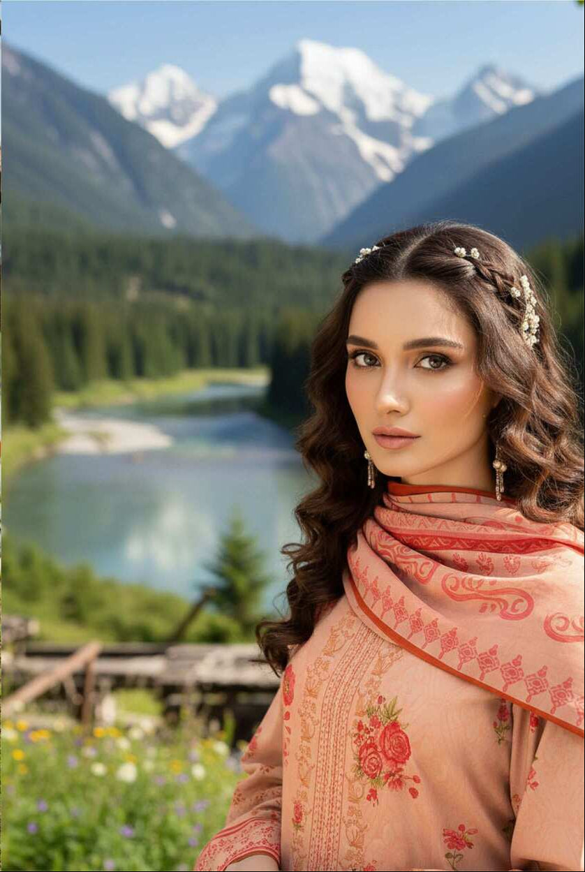 Peach floral printed 3-piece Pakistani lawn suit with elegant design, featuring a kurta, dupatta, and trousers in vibrant fabric