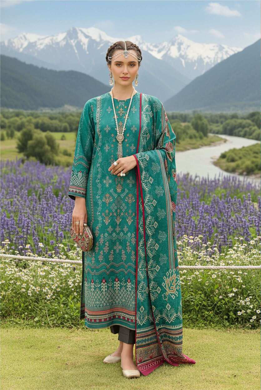 Teal green printed 3-piece Pakistani lawn suit with intricate designs, showcasing a traditional and elegant ensemble.