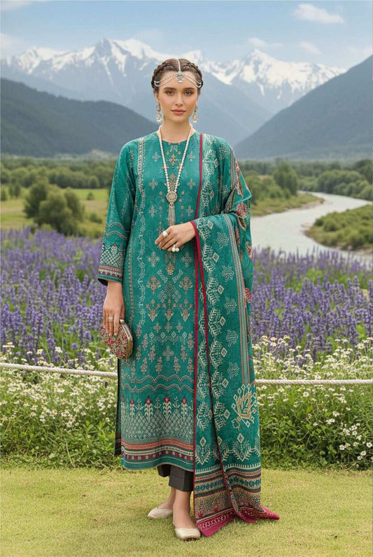 Teal green printed 3-piece Pakistani lawn suit with intricate designs, showcasing a traditional and elegant ensemble.