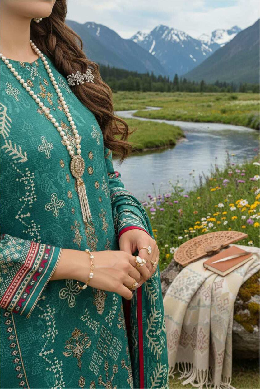 Teal green printed Pakistani lawn 3-piece suit with intricate designs, showcasing a traditional elegant suit from My Store collection.