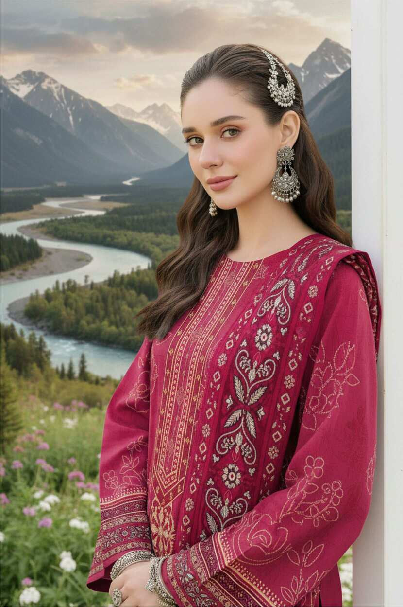 Maroon printed 3-piece Pakistani lawn suit with intricate designs, featuring kurta, shalwar, and dupatta from My Store's collection.