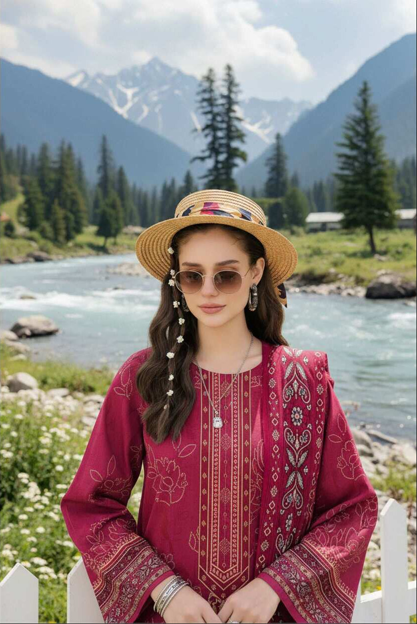 Maroon printed 3-piece Pakistani suit from the Elegant Lawn Collection, featuring intricate patterns and traditional design elements.