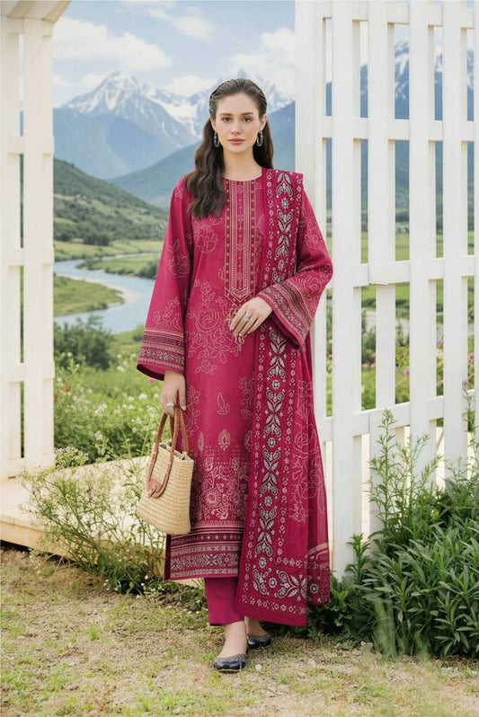 Maroon printed 3-piece Pakistani lawn suit with traditional design, featuring a kurta, dupatta, and matching trousers.