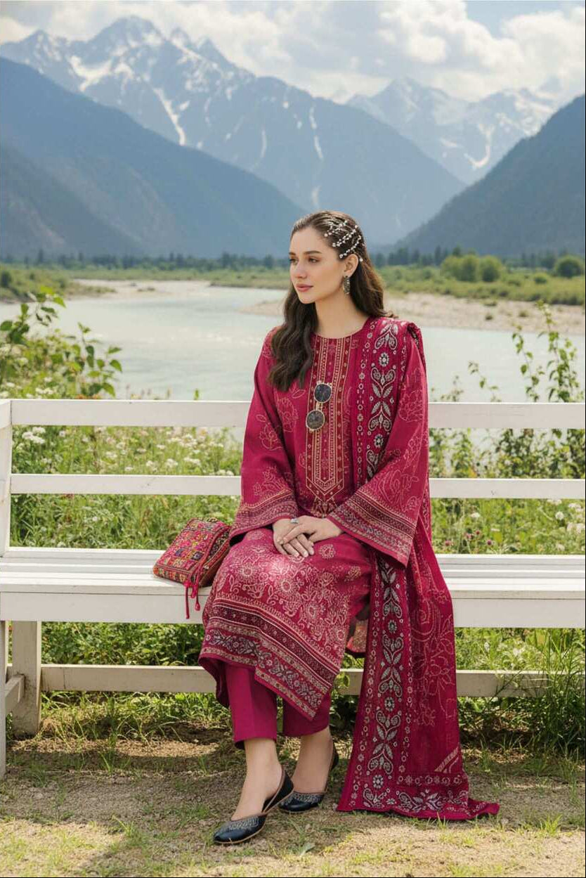 Maroon printed 3-piece Pakistani lawn suit featuring traditional embroidery, designed for elegant festive or formal wear.