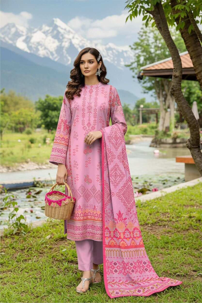 Blush pink printed 3-piece Pakistani lawn suit with intricate designs, featuring a long kameez, matching trousers, and dupatta.