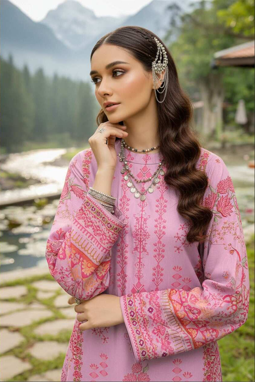 Blush pink printed three-piece Pakistani lawn suit with elegant design, featuring traditional patterns and fabric from My Store.