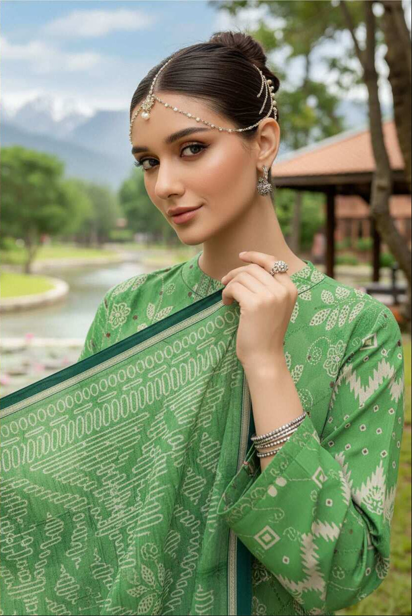 Elegant green printed lawn suit, 3-piece embroidered Pakistani collection, featuring intricate embroidery and vibrant fabric details.