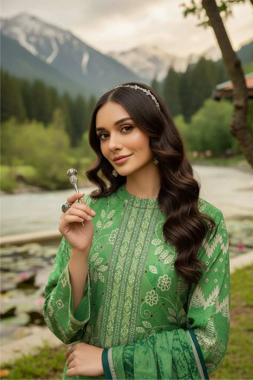 Elegant green printed lawn suit with embroidered details, three-piece Pakistani collection by My Store, featuring traditional fabric and design.