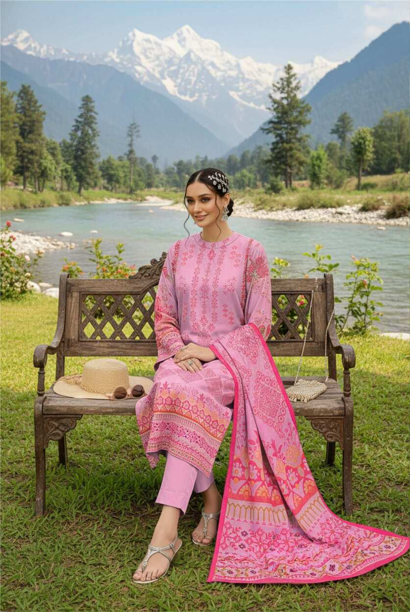 Blush pink printed 3-piece Pakistani lawn suit with intricate designs, featuring a matching top, trousers, and dupatta.
