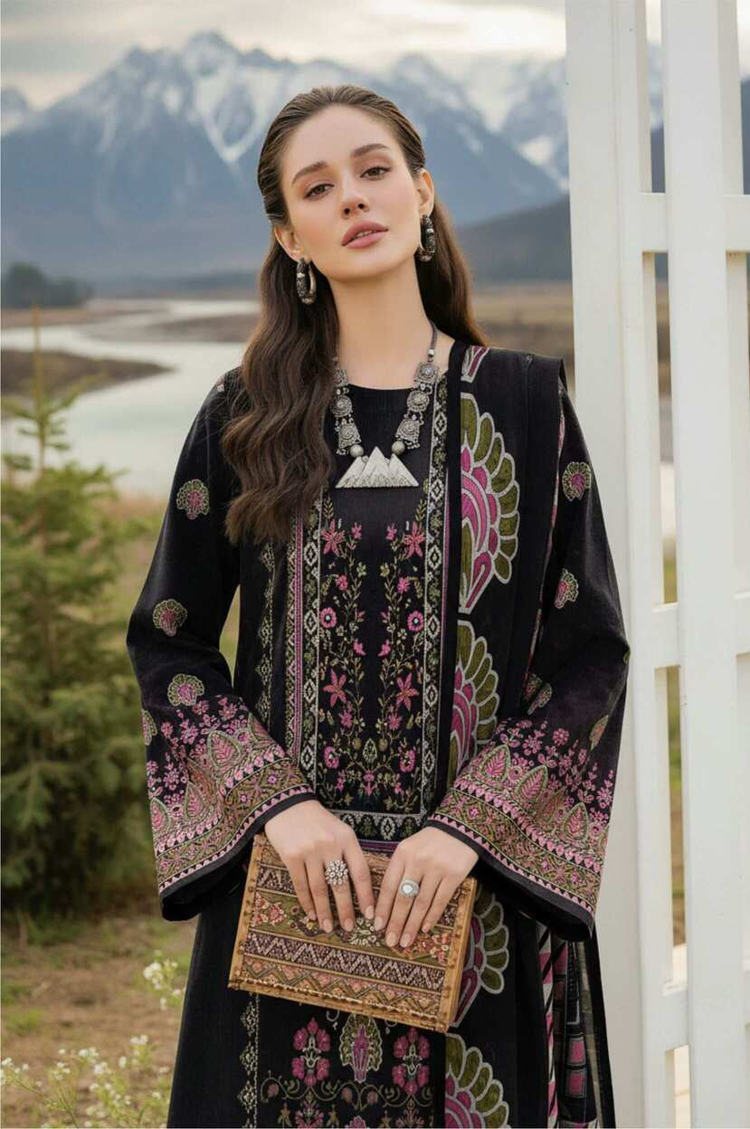 Black floral printed 3-piece Pakistani lawn suit with elegant design, featuring a kurta, dupatta, and trousers from My Store collection.