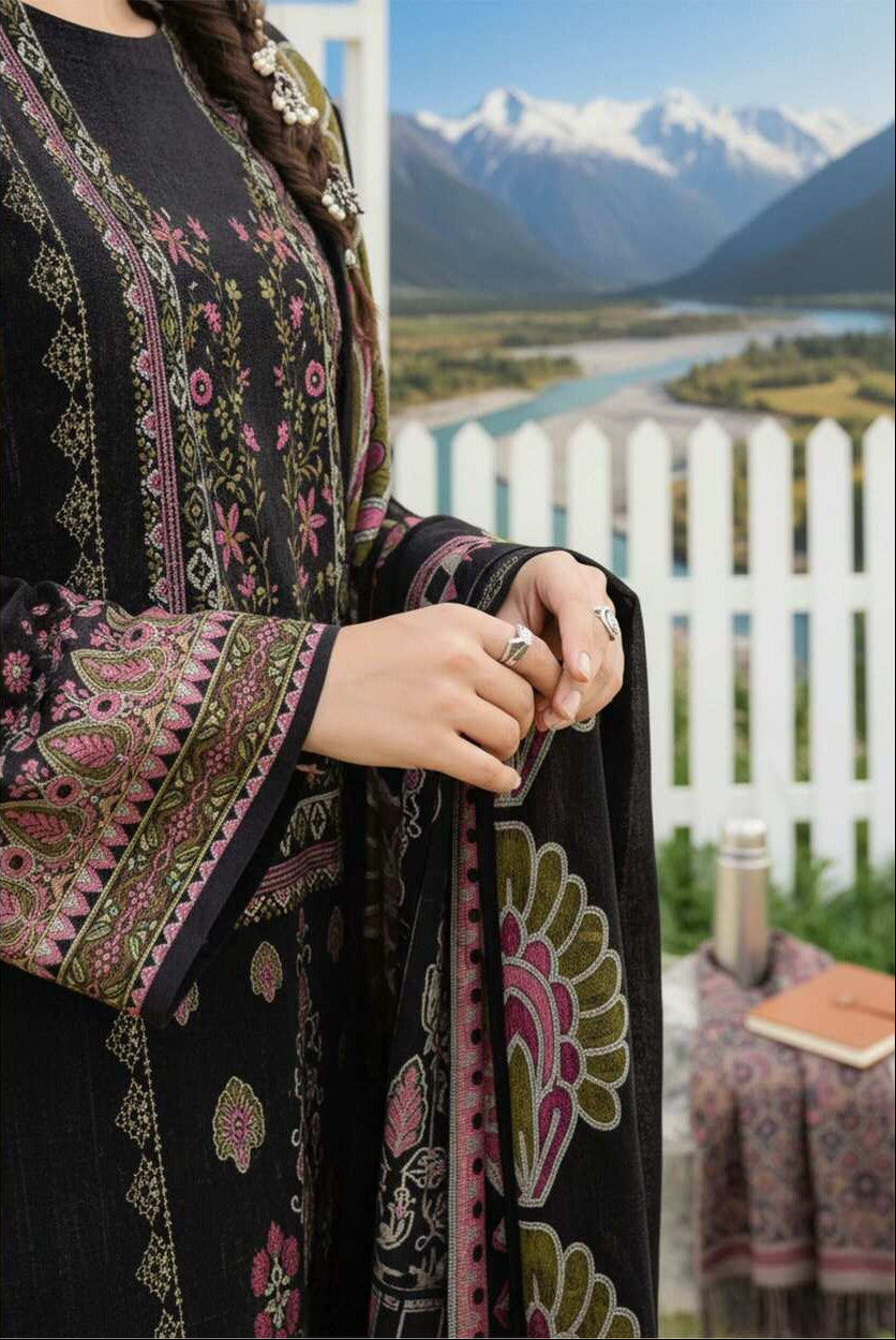 Black floral printed 3-piece Pakistani lawn suit with elegant design, featuring a long shirt, dupatta, and matching trousers.