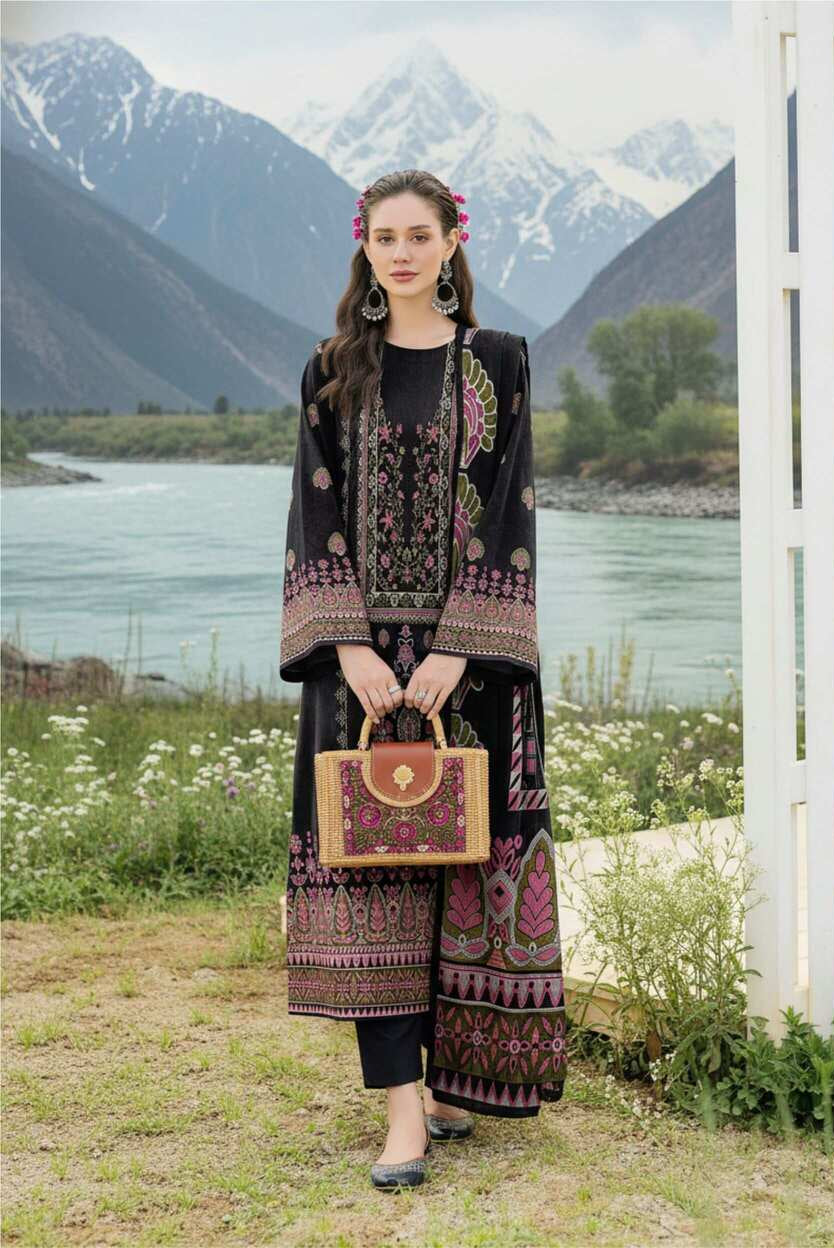 Black floral printed Pakistani lawn 3-piece suit with elegant design, featuring a matching kurta, trousers, and dupatta.