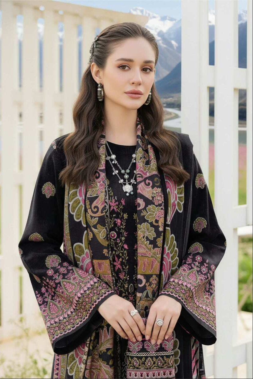 Black floral printed Pakistani lawn 3-piece suit with elegant design, featuring a kurta, dupatta, and matching trousers.