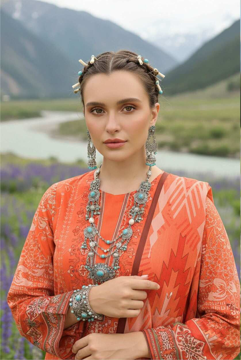 Coral orange printed 3-piece Pakistani lawn suit with intricate design, featuring a kurta, trousers, and dupatta from My Store.