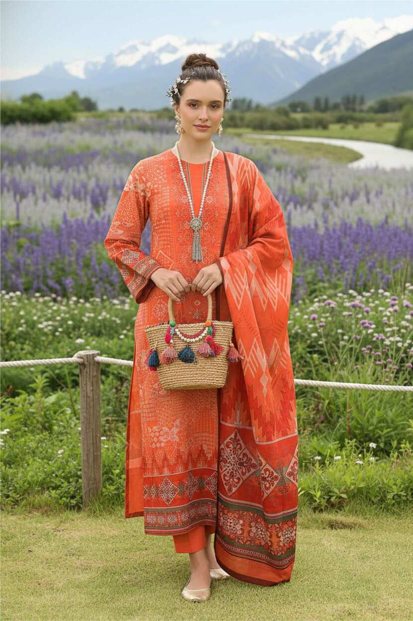 Coral orange printed three-piece Pakistani lawn suit, featuring intricate designs and vibrant colors, displayed on a hanger.