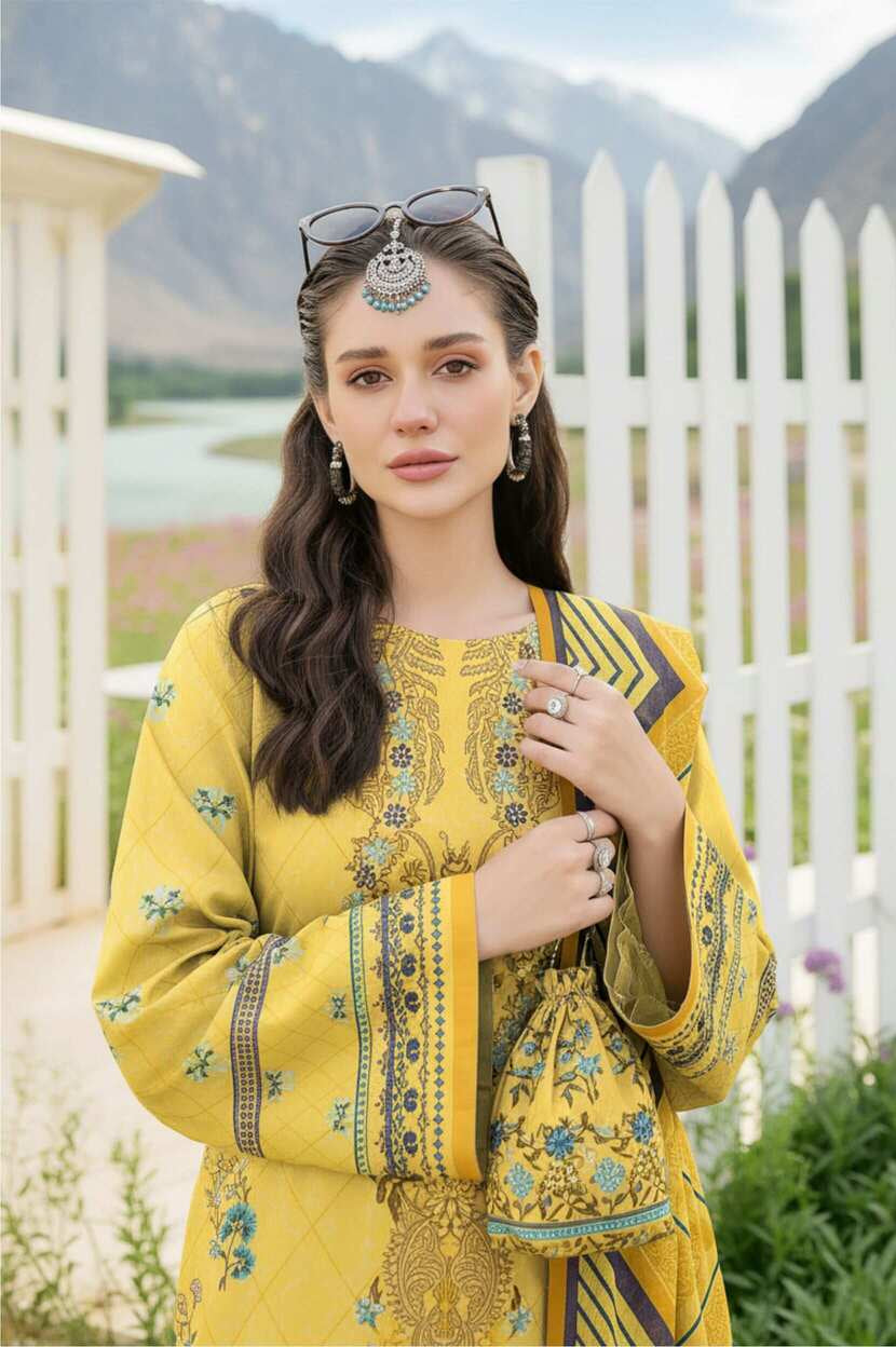 Mustard yellow printed 3-piece Pakistani lawn suit with intricate designs and traditional style, displayed on a mannequin.