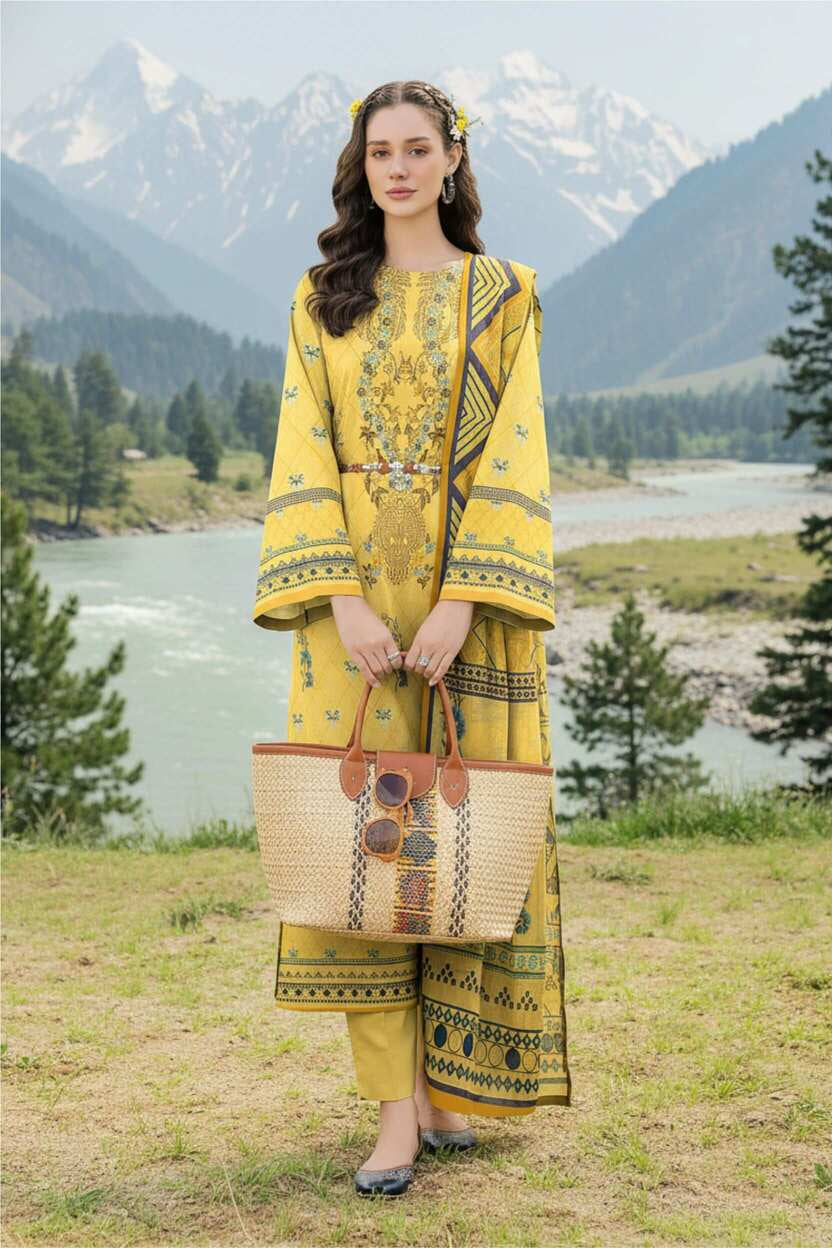 Mustard yellow printed 3-piece suit from Pakistani lawn collection, featuring intricate traditional patterns and elegant fabric.