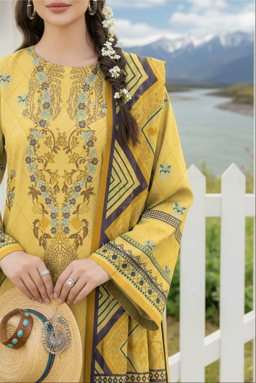 Mustard yellow printed 3-piece Pakistani lawn suit featuring intricate designs, traditional elegance, and vibrant fabric from My Store.