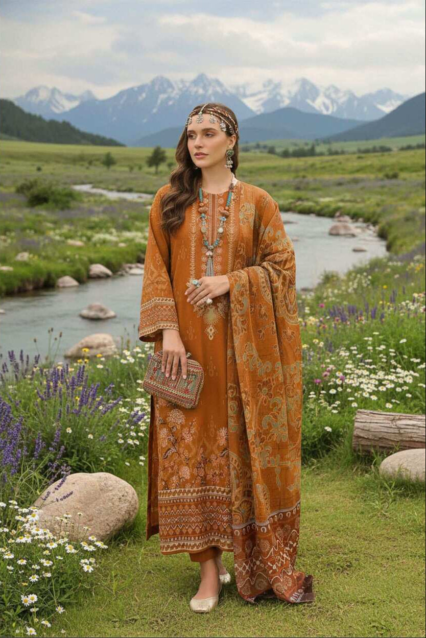 Rustic amber printed 3-piece lawn suit in burnt orange, featuring traditional patterns and comfortable fabric, by My Store.