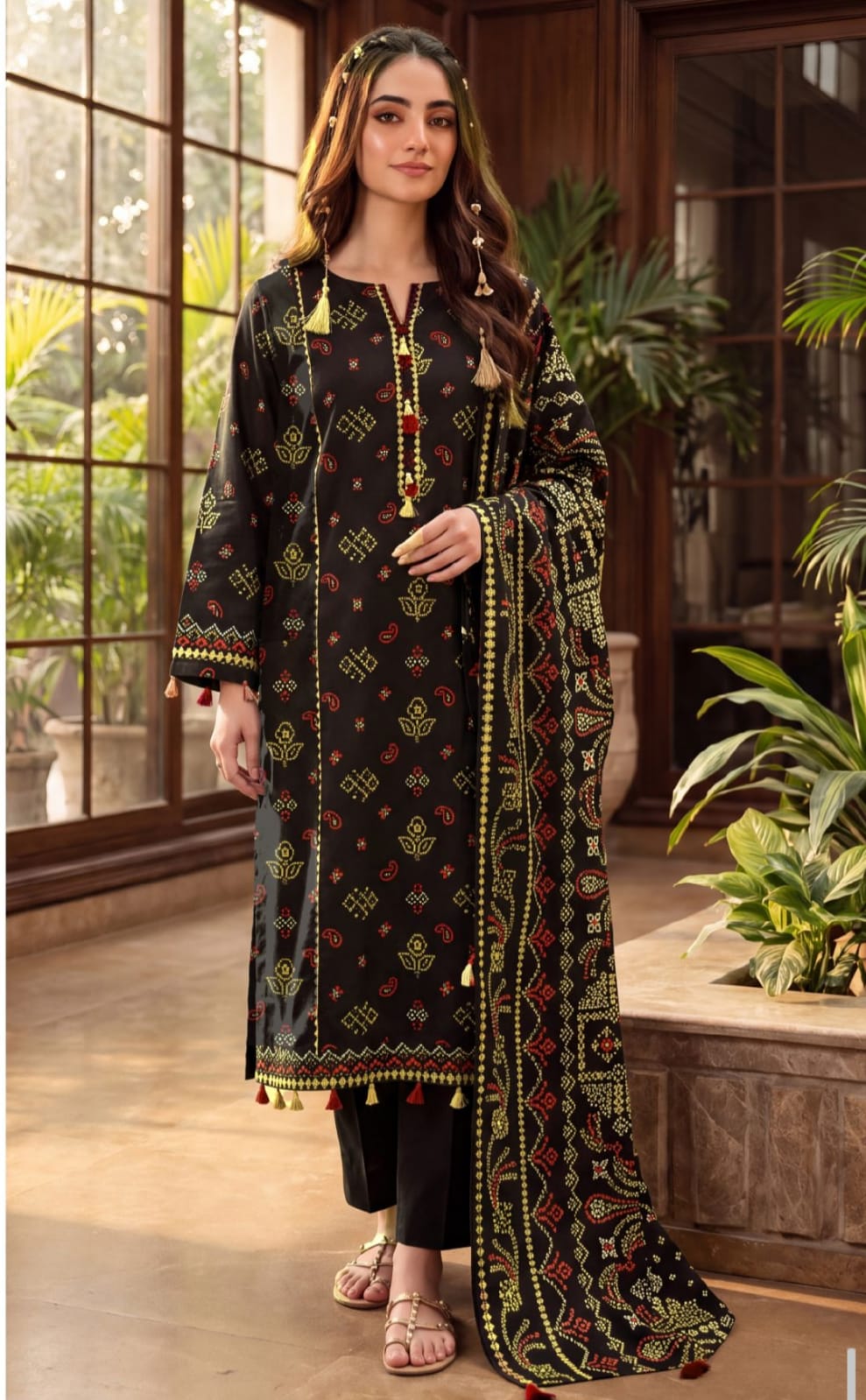 Noreya Loom Midnight Black Bandhani Print 3-Piece Winter Suit with traditional Indian design and intricate patterns.