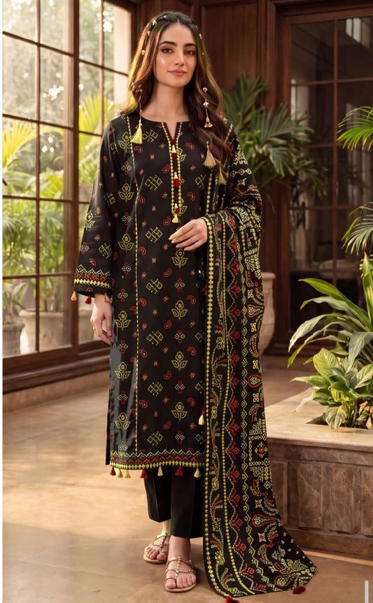 Noreya Loom Midnight Black Bandhani Print 3-Piece Winter Suit with traditional Indian design and intricate patterns.