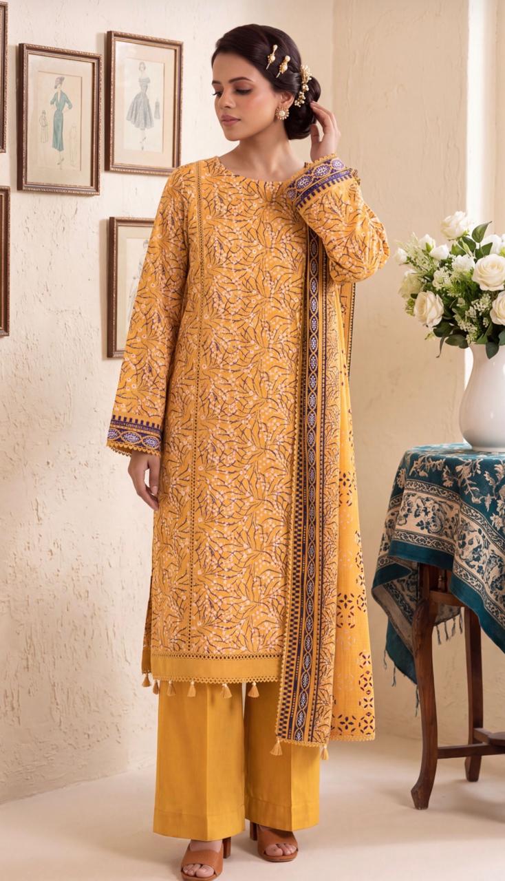 Noreya Loom mustard elegance printed 3-piece winter suit featuring a stylish top, pants, and matching dupatta on a neutral background.