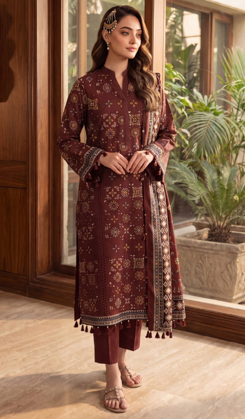 Maroon heritage printed 3-piece winter suit by Noreya Loom, featuring traditional patterns and warm fabric for cold weather.