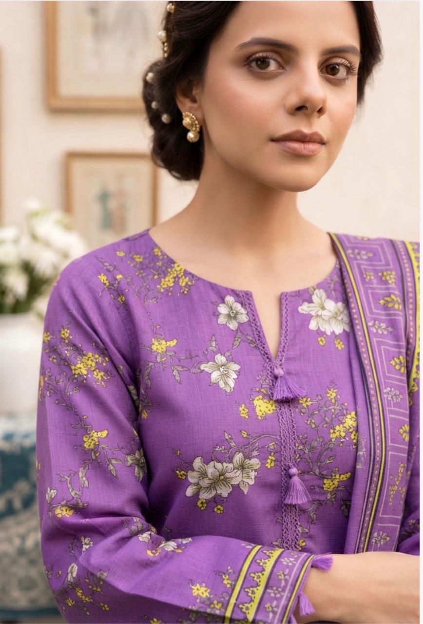 Royal Purple floral printed 3-piece winter suit by Noreya Loom, featuring a warm jacket, pants, and matching top with floral design.