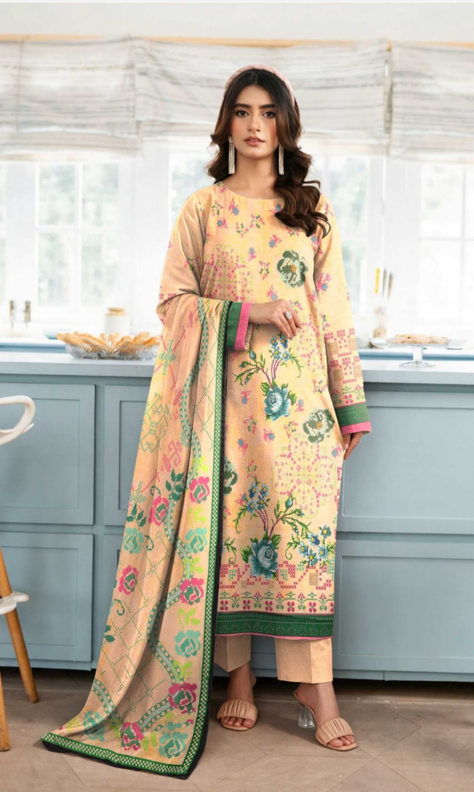 Noreya Loom Blossom Peach Floral 3-Piece Winter Suit featuring a floral print and cozy fabric, ideal for stylish winter wear.