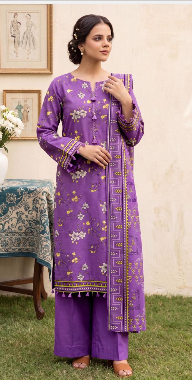 Royal Purple floral printed 3-piece winter suit by Noreya Loom featuring a cozy fabric and elegant floral design.