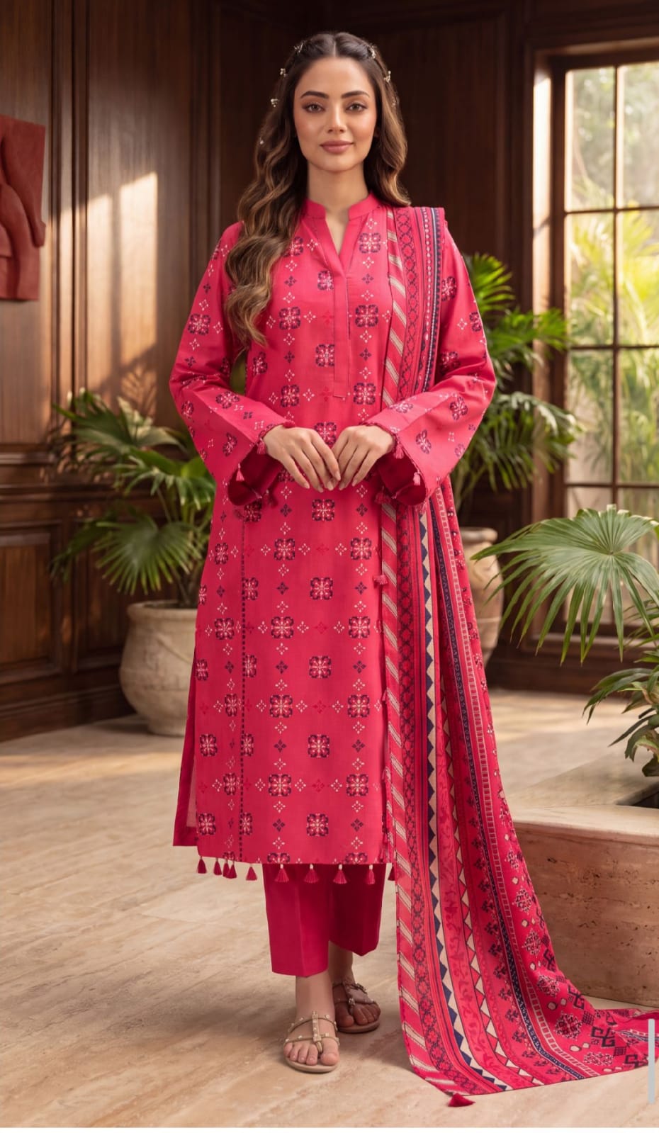 Pink winter premium printed 3-piece suit by Noreya Loom, featuring a stylish design with coordinated jacket, pants, and top.