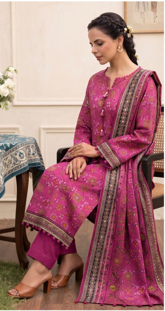 Magenta printed 3-piece suit by Noreya Loom, featuring floral patterns, tailored fit, and elegant design for women.
