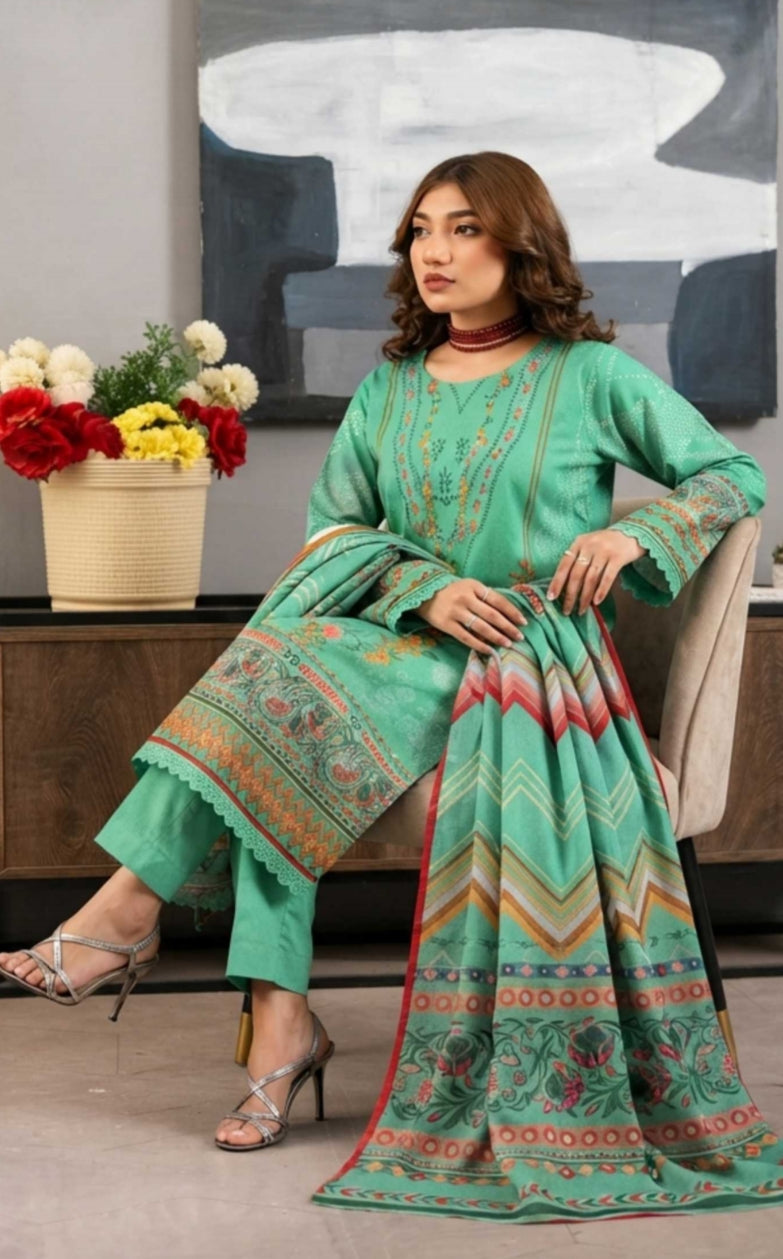 Noreya Loom mint green winter 3-piece embroidered lawn suit displayed on a hanger with intricate embroidery details