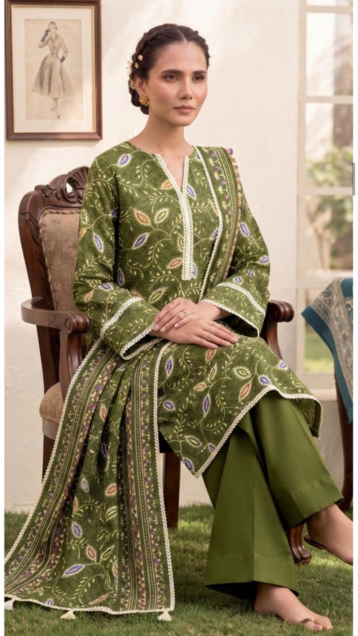 Olive green paisley printed 3-piece winter suit by Noreya Loom, featuring a coat, pants, and matching scarf for warm winter wear.